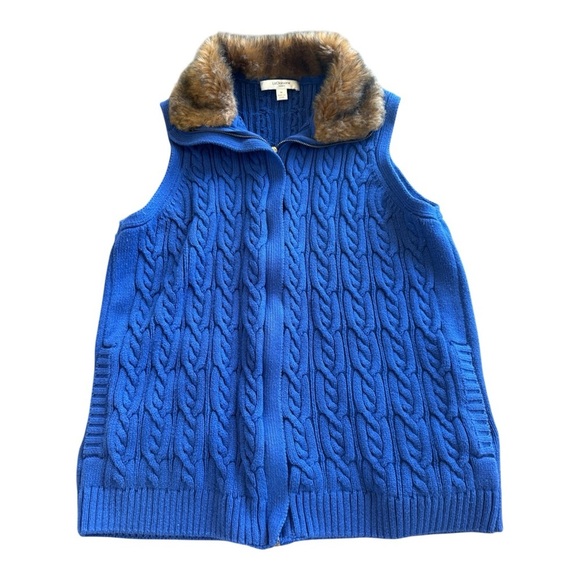 Liz Claiborne Full Zip Cable Knit Sweater Vest With Faux Fur Collar Size M - Picture 1 of 4